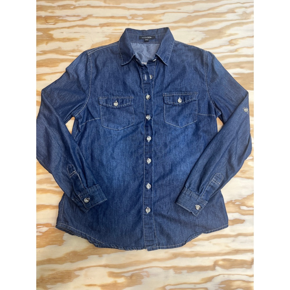Paper Moon Womens Small Blue Denim Long Sleeve Button Down Shirt Pockets